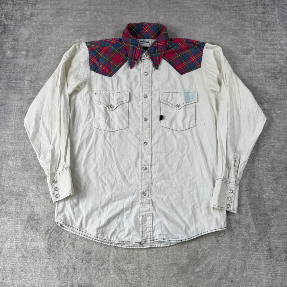 Woolrich Shirt Mens Medium White Vtg 70s Plaid Yoke Western Pearl Snap Cowboy